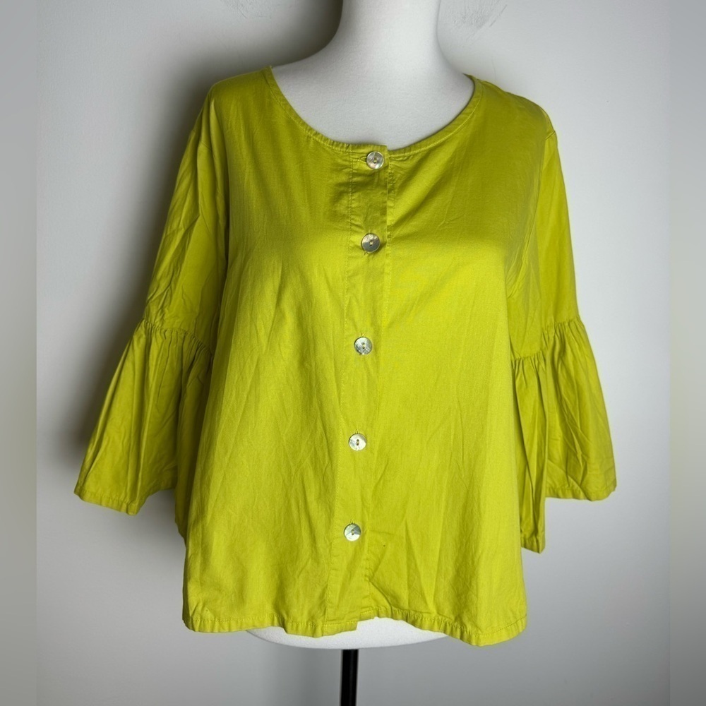 Bryn Walker Cotton Blouse Bell Sleeve Button Front Chartreuse green yellow S